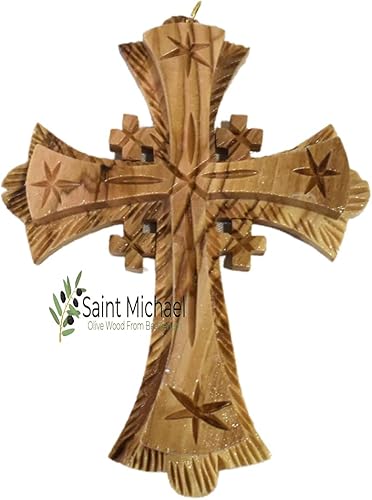 Cruz de Jerusalén de madera de olivo - Cruz de pared hecha en Tierra Santa para bautismo, bautizo, primera comunión para cualquier ocasión