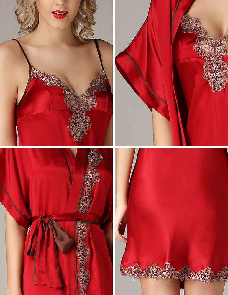 E-girl S15004 - Camisón de noche para mujer, 100% seda, manga corta rojo 40