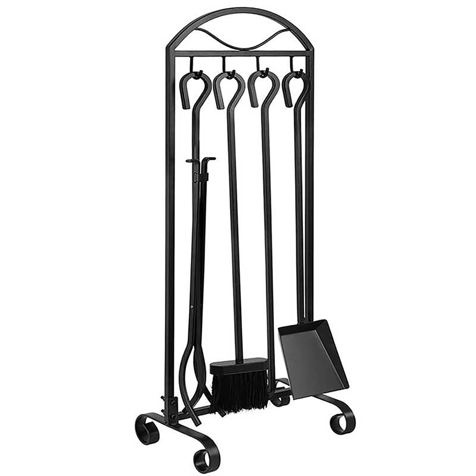 Set di 5 attrezzi per camino, accessori in ferro battuto con supporto, pinze e supporto per braciere a legna e camino