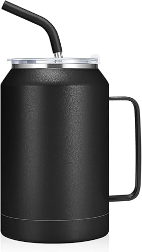 zenbo - Vaso de acero inoxidable aislado al vacío con asa, tapa y popote, mantiene las bebidas frías hasta 36 horas, cuerpo a prueba de sudor, apto