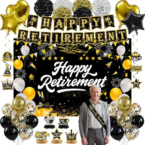 Toosci Retirement Party Decorations Black Gold Happy Retirement Decorations for Women Men Happy Banner & Backdrop Hanging Swirls Foil Balloon Retire Sash Paper PomPoms and Honeycomb Centerpieces