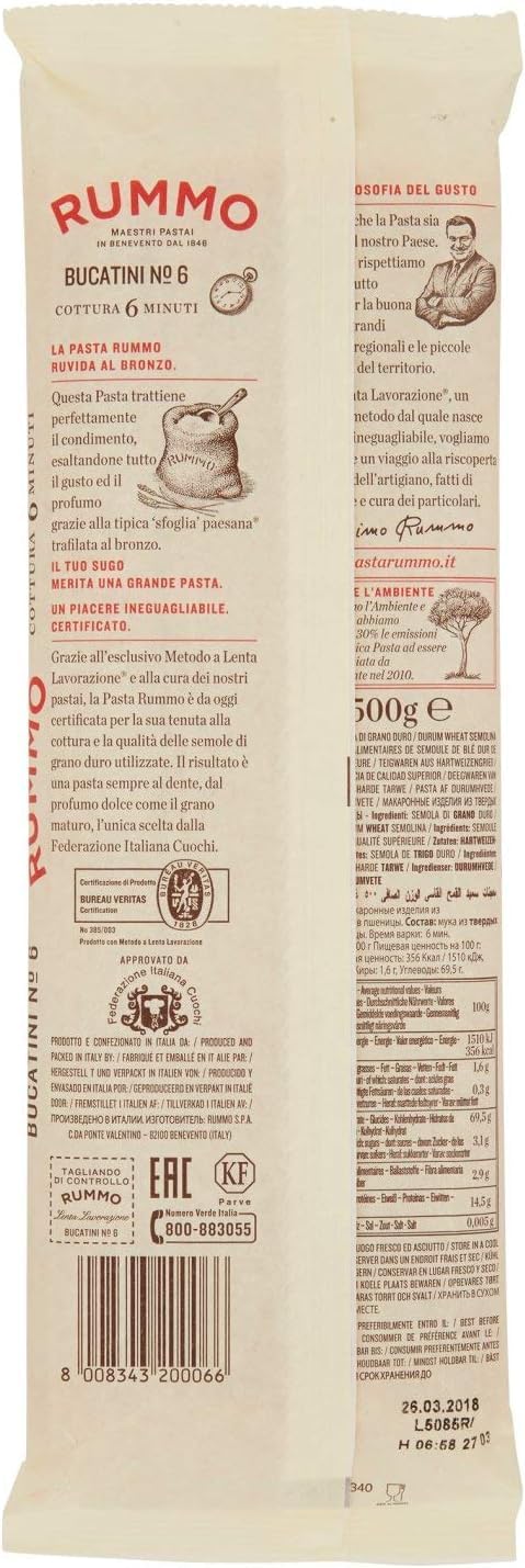 Rummo Bucatini N. 6 Durum Pâtes sémoraires,italiennes Pasta Italian Noodles 24x 500 g Pack + Italian Gourmet Polpa di Pomodoro 400 g
