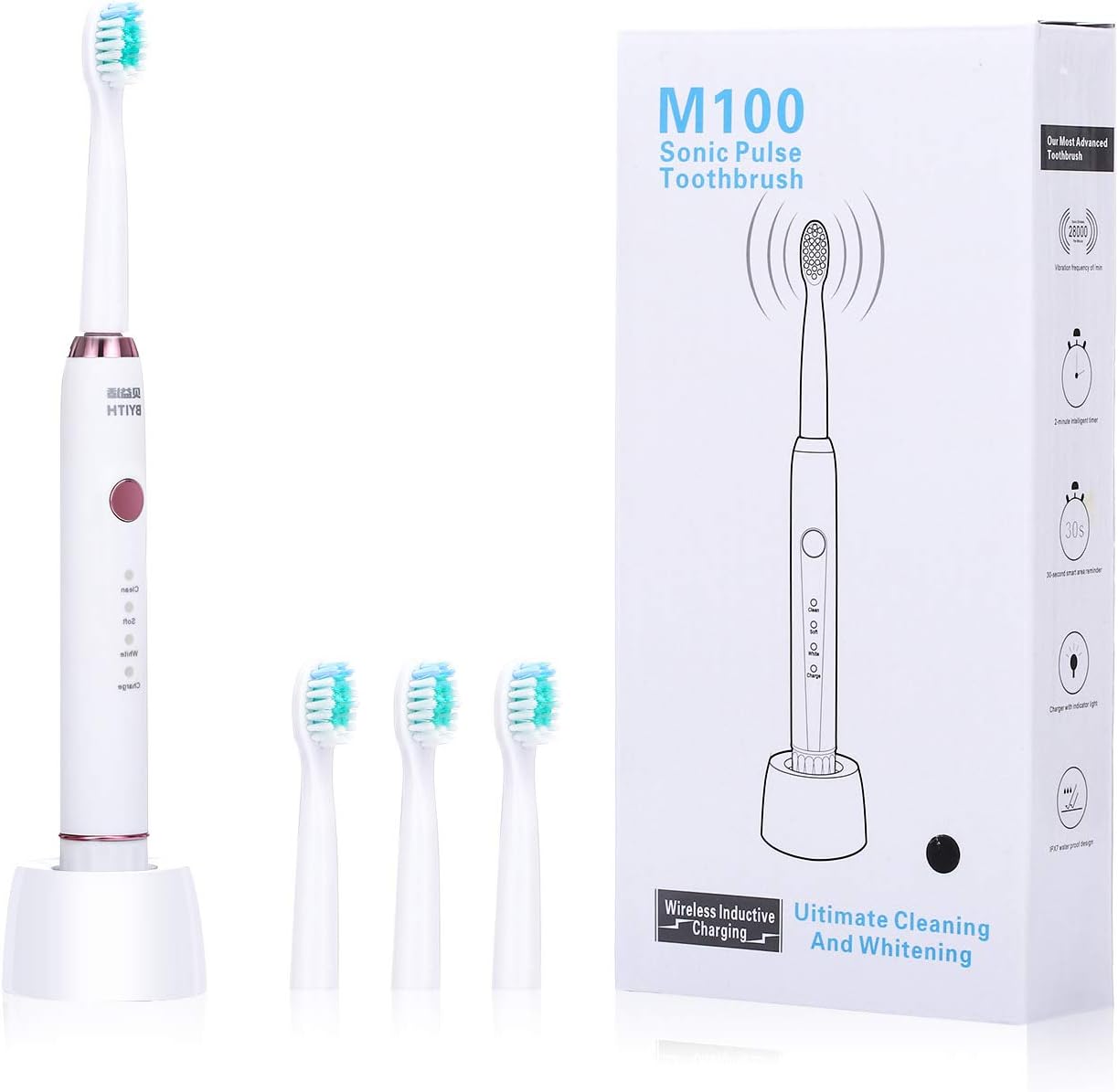 Sonic Toothbrush with Powerful Ultralsonic Vibrating Slim Design 3 Modes Waterproof IPX7 Powered Toothbrush with Wireless Charging (White)