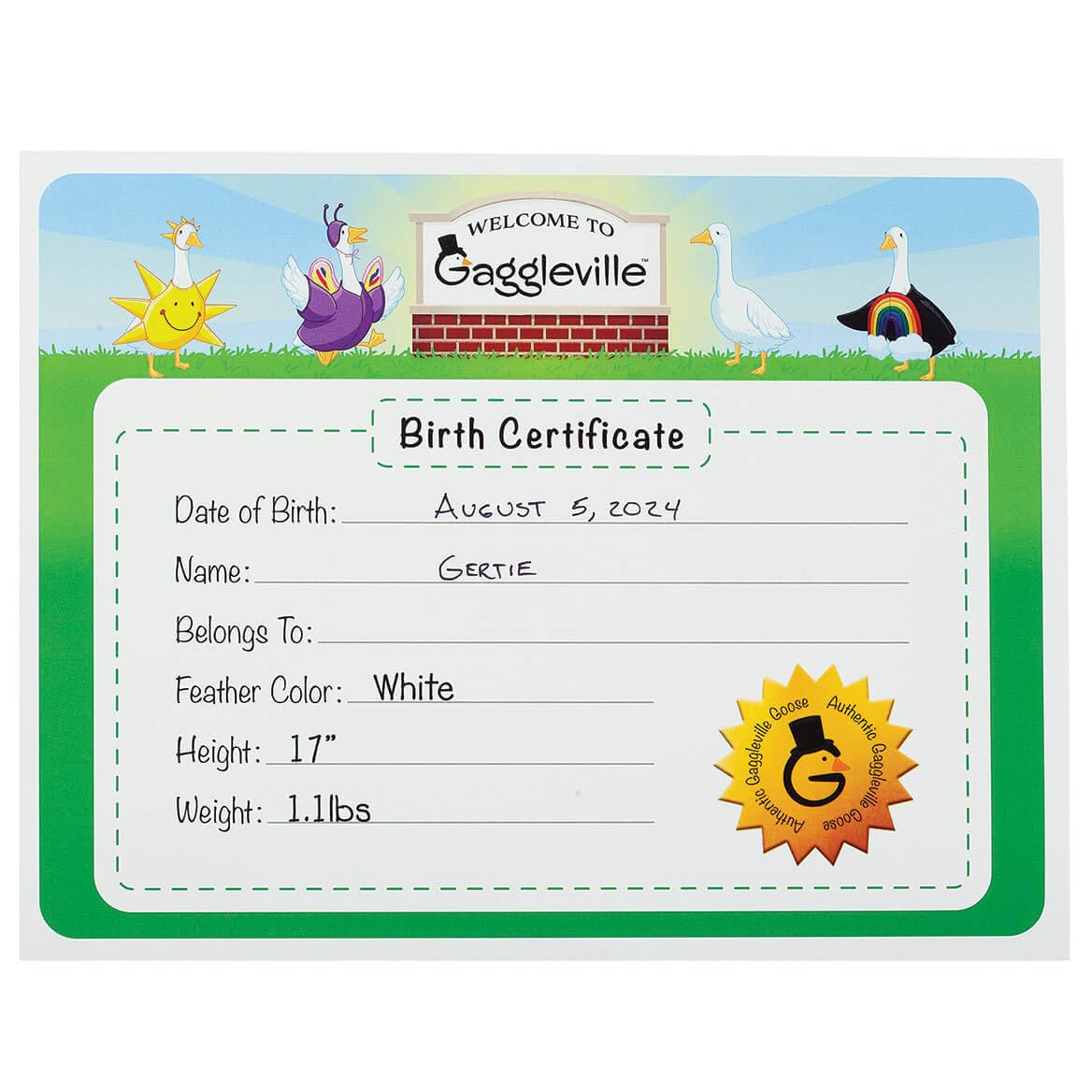 Fox Valley Traders Gaggleville™ Baby Goose Birth Certificate