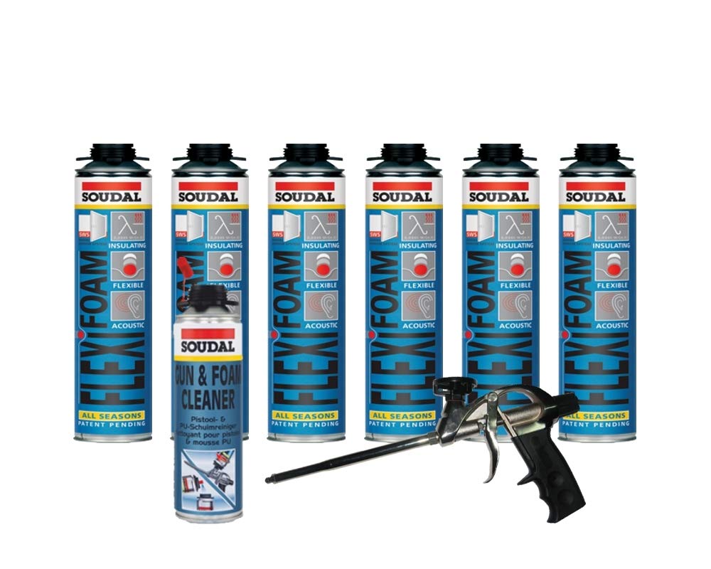 Soudal Zestaw ekonomiczny 6 x Flexifoam pianka okienna 500 ml + profesjonalny pistolet do czyszczenia pistoletu