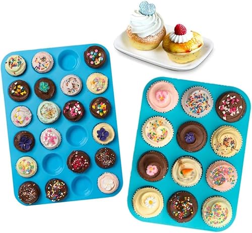 Foto von 2Pack muffinform silikon,12 Cavity silikon backform + 24 Cavity mini muffins backform BPA-freie Antihaft-sichere Muffin Backform Pfanne für Cupcake Biscuit Bagels Muffins (Blau[12+24])