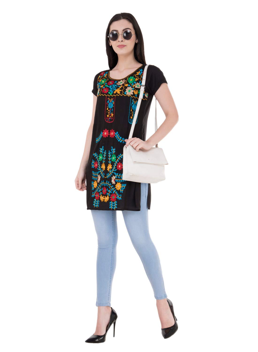 SAAKAA Women's Rayon Black Print Tunic