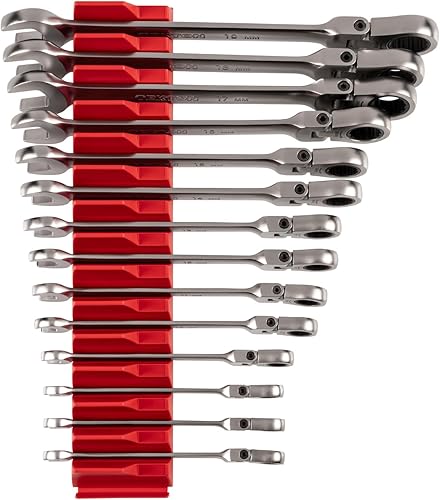 TEKTON Flex Head - Juego de llaves combinadas de trinquete de 12 puntos con organizador modular ranurado, 14 piezas (0.236-0.748 in)  WRC95302