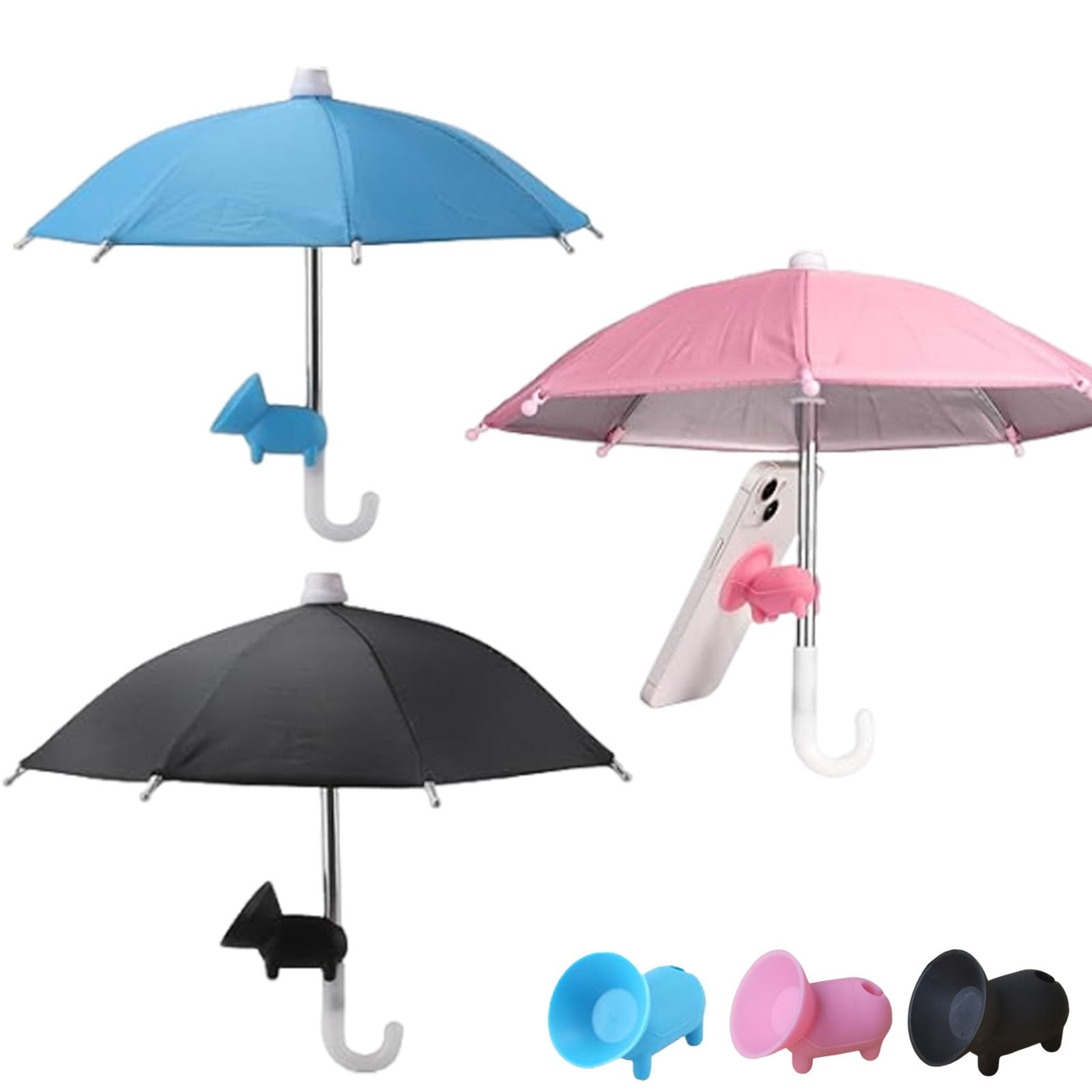3PCS Cell Phone Umbrella, Black and Blue and Pink Phone Umbrella with Suction Cup,Outdoor Multifunctional Cute Shade,Universal Adjustable Sun Shade Cover