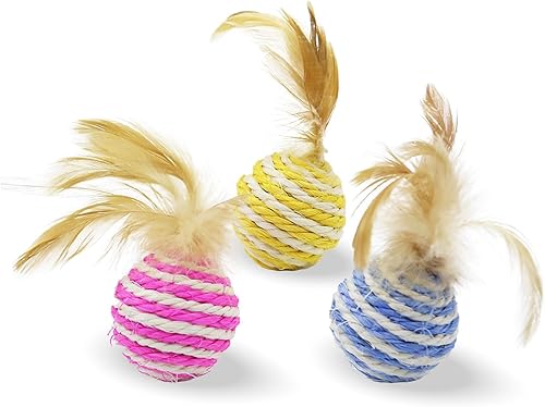 3 bolas de juguete para gatos con plumas, pelotas interactivas envueltas en cuerda para gatos de interior, juguetes duraderos para rascar (amarillo,