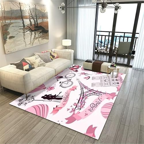 Miniatura 8 de Alfombra de área de la torre Eiffel rosa romántica París Street Lover Pareja flores antideslizante alfombra de piso sala de estar dormitorio