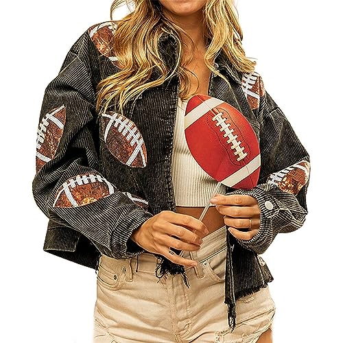 Women's Cropped Corduroy Jacket Football Sequin Patched Jacket Vintage Washed Corduroy Jackets Gameday Outfits2
