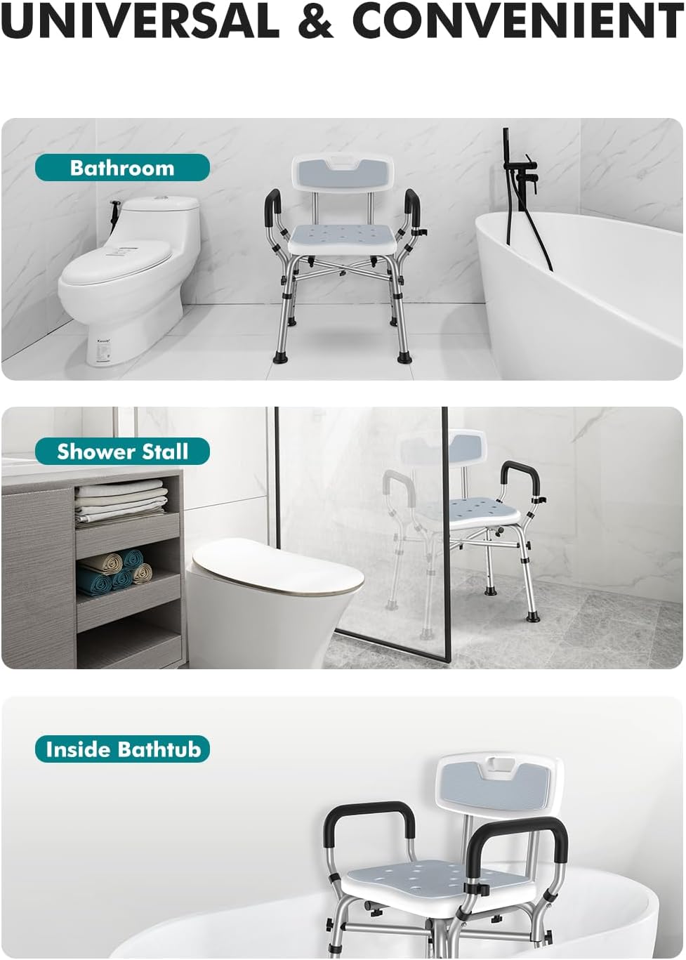 VFAUOSIT Shower Chair for Elderly and Disabled, 550 lbs Shower Chair for Inside Shower with Arms and Back, FSA/HSA 6-Height Shower Seats for Adults with Shower Bag, Bath Chairs for Seniors Inside Tub