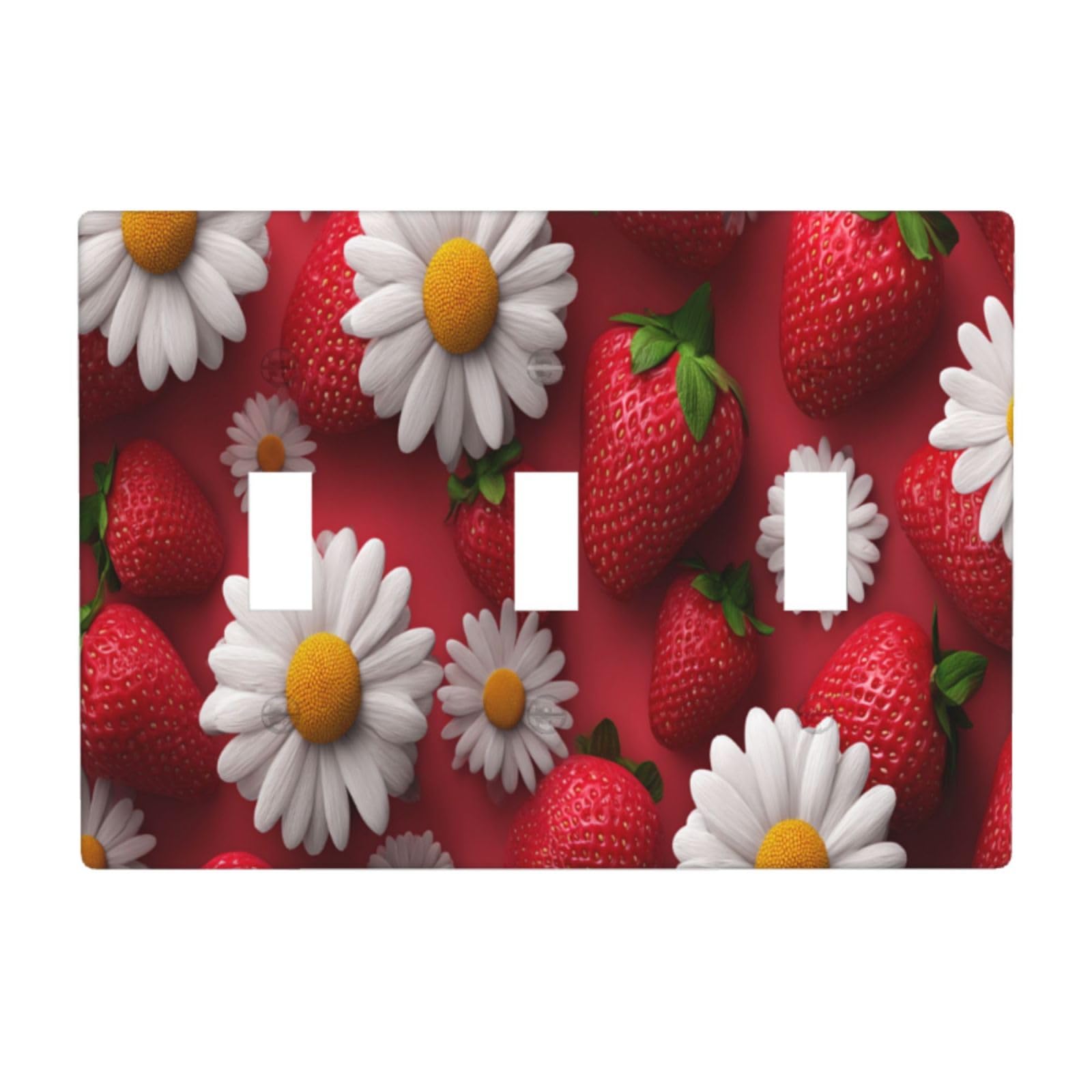 Woshuwo White Strawberries With Small Daisies Light Switch Covers 3 Gang Triple Toggle Wall Plate Switchplate Electrical Faceplate For Bathroom Kitchen Bedroom Decor