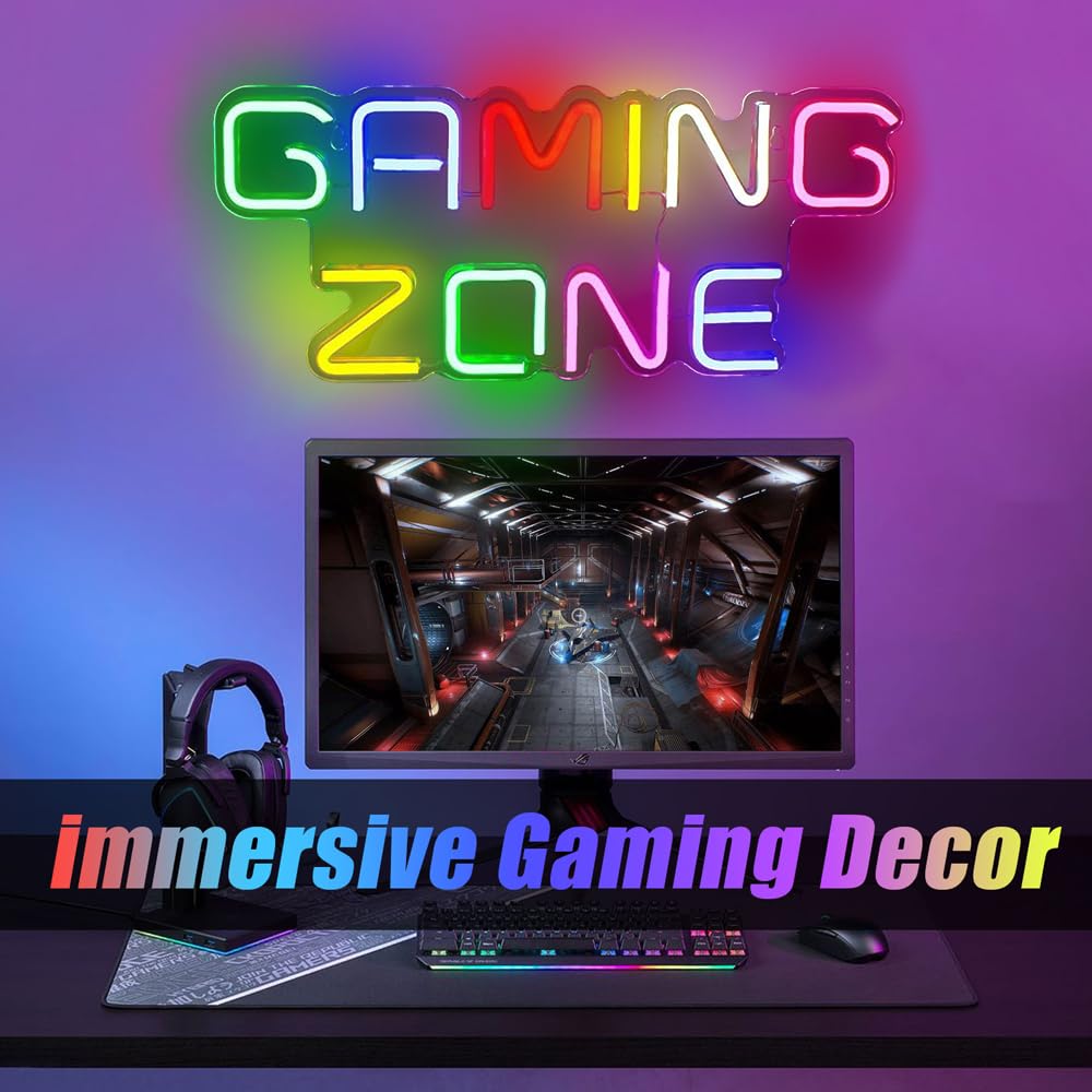 Gaming Zone Enseigne Lumineuse, Neon Gaming avec Interrupteur, Chargement USB Neon Gamer pour Décoration Gaming, Idéale pour Décorer Chambre, Bar, Salle de Jeux, Cadeau Parfait pour les Gamers