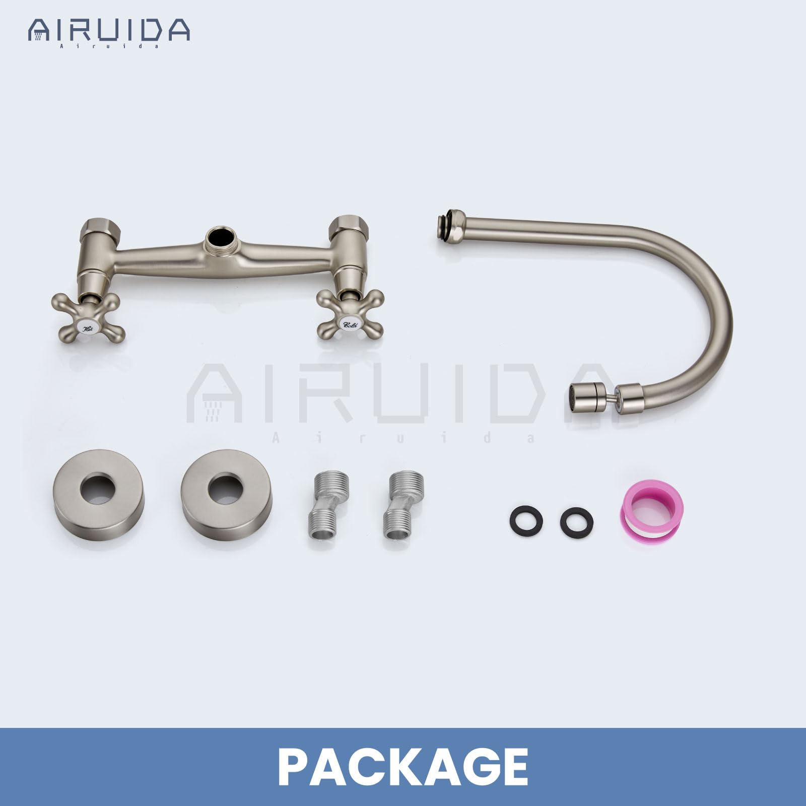 Airuida níquel cepillado montaje en pared grifo del fregadero 8 pulgadas centro doble cruz manijas 360 grados giratorio caño cocina mezclador comercial