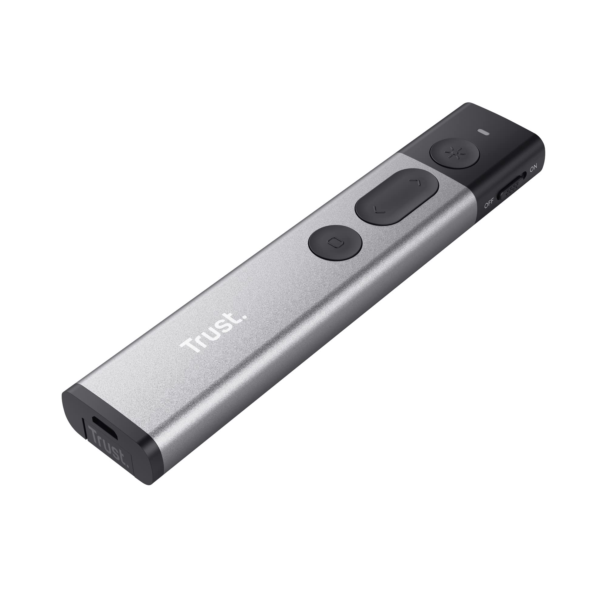Trust Kazun Drahtlose Laser Präsentationshilfe mit 4 Powerpoint-Funktionen, Ultraflachen Design, Aluminiumgehäuse, Extra Große Reichweite 30 m, für PC/Laptop - Grau