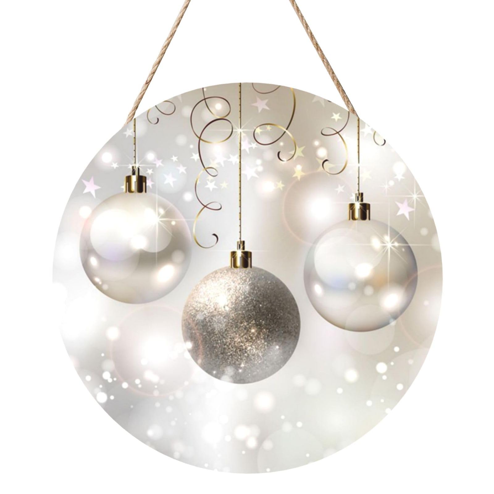 InOmak Silver Xmas Balls Printed, Round Wood Panel Painting 12 in, Wall Hanging Painting For Home