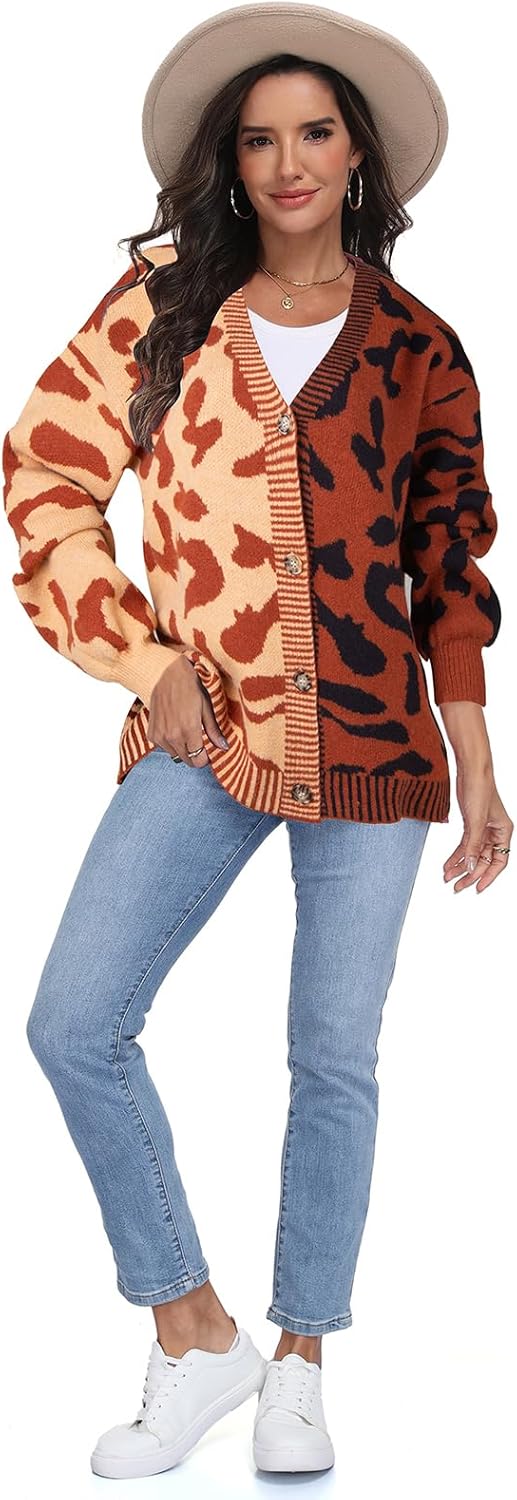 Miusey Women's Leopard Print Cardigan V Neck Open Front Long Sleeve Color Block Button Down Sweater Outwear - Image 5