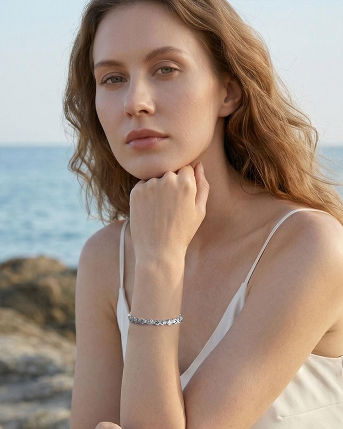 RainSo Bracelet magnétique pour femme - Bracelet en acier inoxydable 3800 Gauss avec coquillage et incrustation de diamant, comprend 3 boutons intelligents, taille réglable (argent)