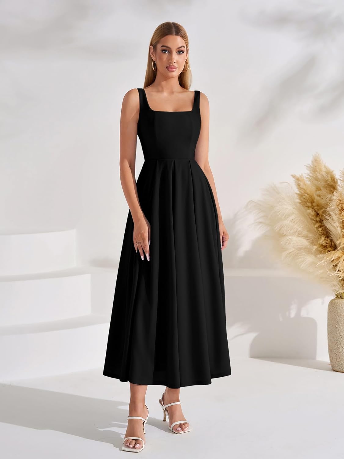 EYNMIN Wedding Guest Dresses for Women 2026 Summer Spring Square Neck Flowy A Line Elegant Midi Formal Dress