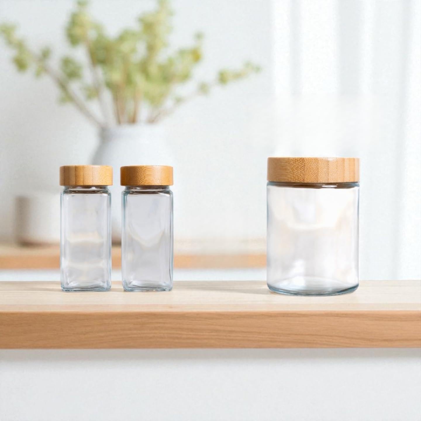 12 pcs Glass Spice Jars with Bamboo Lids - 8oz Spice Containers with 360 Spice Labels, Expiration Date Stickers & Measuring Spoon - Kitchen Organization & Storage Set for Herbs, Seasonings & Spices