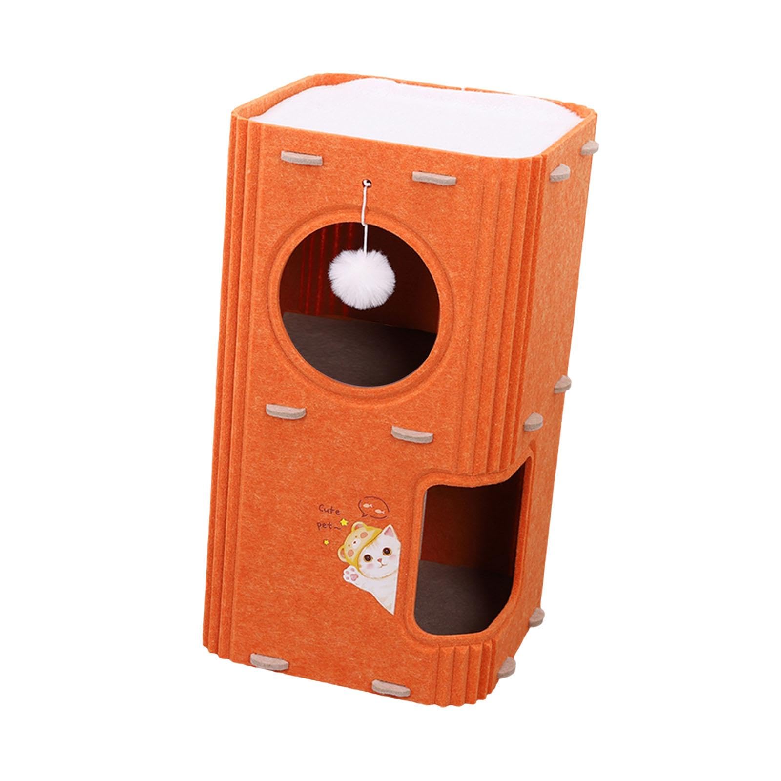 Fenteer Cat House Cat Climbing Tree Cozy Pet Supplies Easy to Assemble Sleeping Indoor Cats Furniture Hideaway Cave with Ball Hanging, 2 layer orange