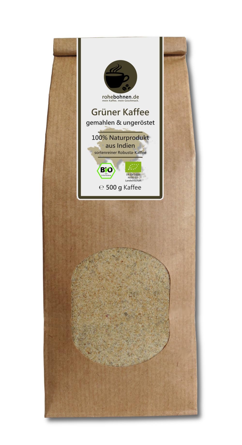 Polvere di caffè verde biologico - 100% Robusta India naturale (500g macinato e non tostato) - Certificato GMP