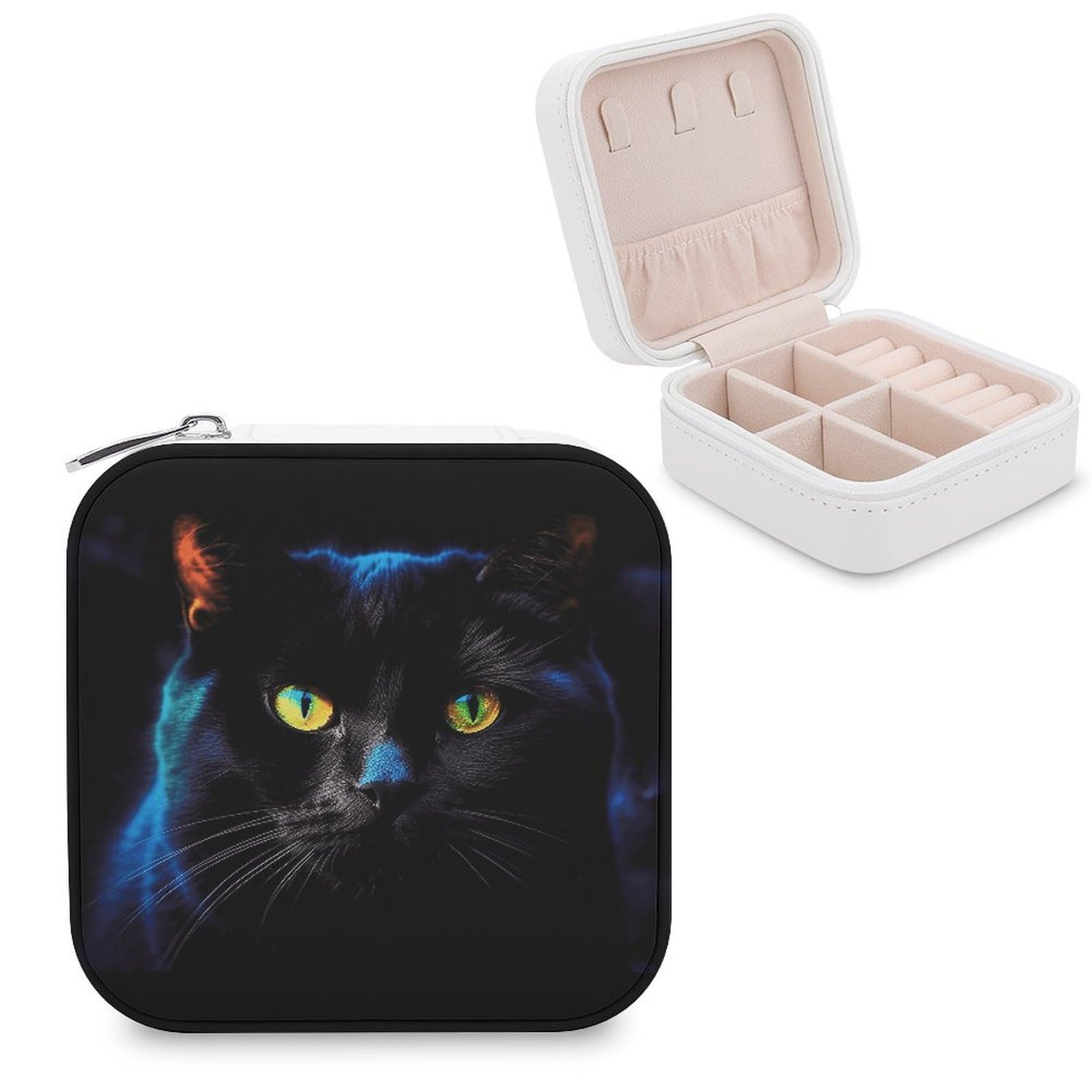 JTREHY Travel Black Cat Colorful Jewelry Case Portable Display Storage Box PU Leather Mini Jewelry Travel Case Personalized Travel Jewelry Organizer Small Jewelry Box for Women