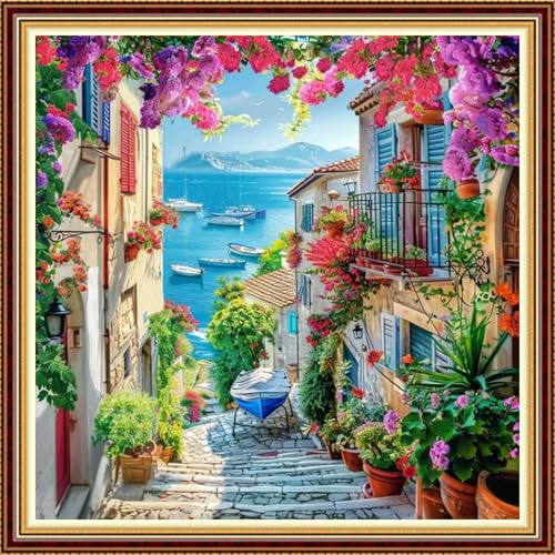 Image of Fanxvivy Stamped Counted Cross Stitch Kits for Adults Printed Cross-Stitch Patterns 11CT Stamped or Counted Cross Stitching Embroidery Kit Needlepoint Kits-Seaside Street View 18x18 inch
