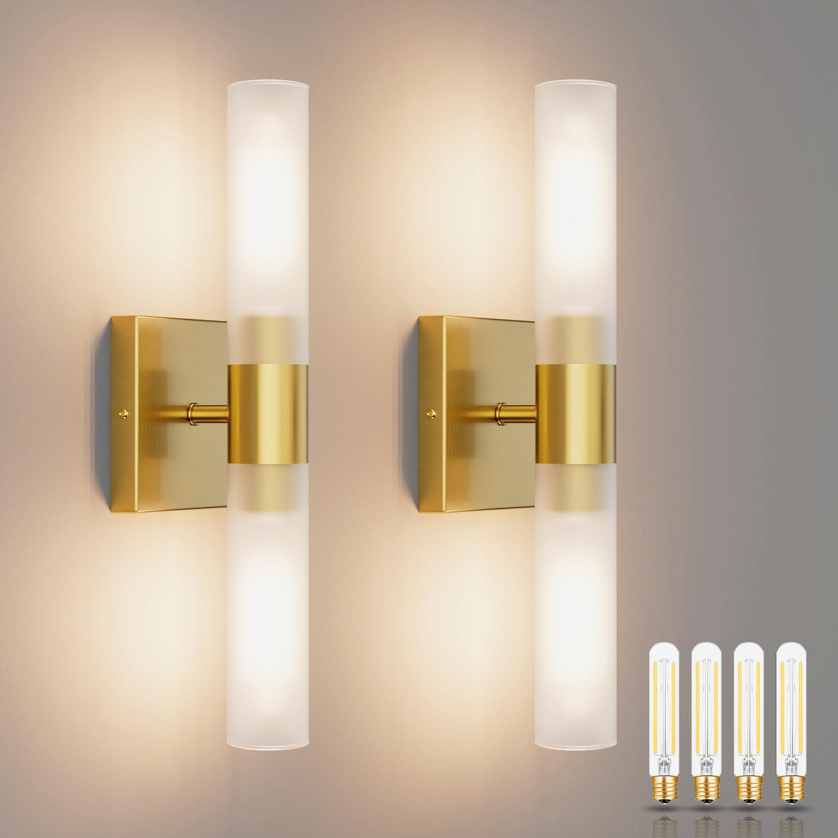 Gold Wall Sconces Set of 2, Modern Bathroom Sconces Wall Lighting Vanity Light Fixtures with Frosted Glass, Brushed Brass Wall Mount Lights for Living Room Corridor Bedroom Stairs