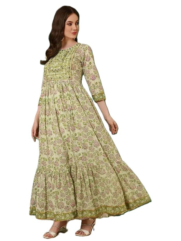 Image of Women Rayon Regular Fit Floral Printed Mirror Work Tiered Anarkali Kurta