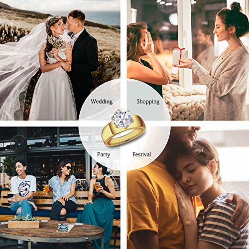 Flamereflection Gold Plated Stainless Steel 4 Carat Round Cubic Zirconia Cz Engagement Women Wedding Solitaire Promise Girls Bands Ring With Stud Earrings Size 9.5 #TOP3