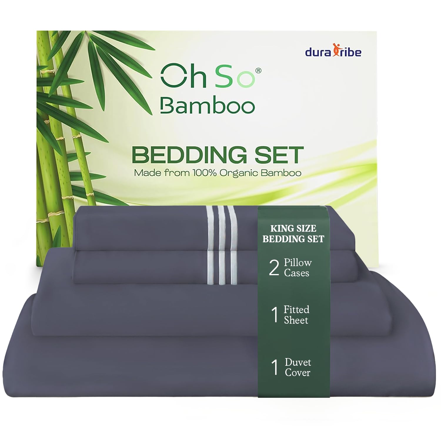 DURA TRIBE Oh So Bamboo Bedding Set 4 Piece King - Charcoal - Hypoallergenic Duvet Cover, Fitted Sheet & 2 Pillowcase Made from 100% Organic Bamboo Viscose Cooling Silky-Soft & Smooth Material — image 1