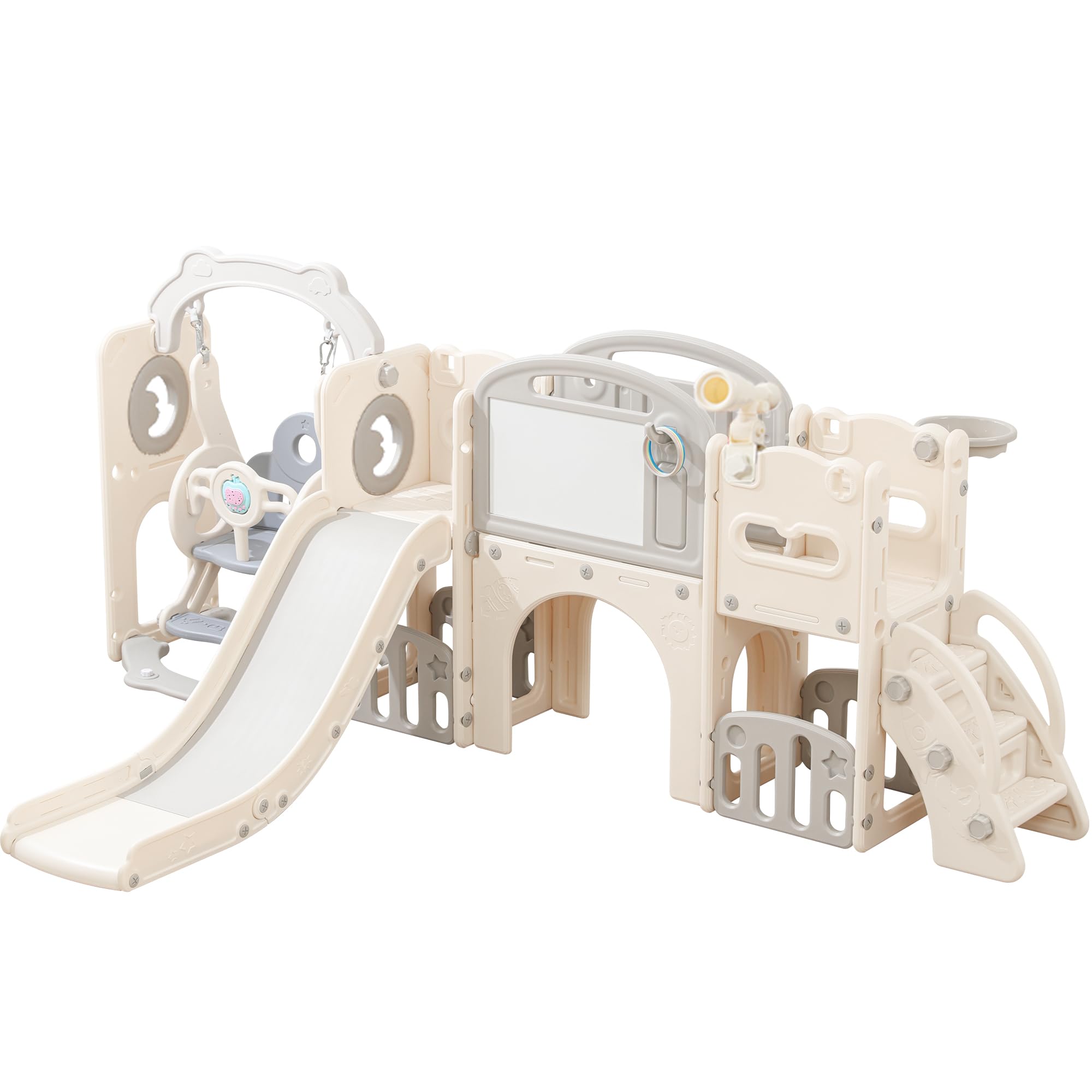 Toddler Swing and Slide Set for Kids, 12 in 1 Indoor Playground for Toddlers Age 1-3, Kids Slide and Swing Set with Basketball Hoop, Tunnel, Outdoor Playset Backyard with Non-Slip Steps (White Set)