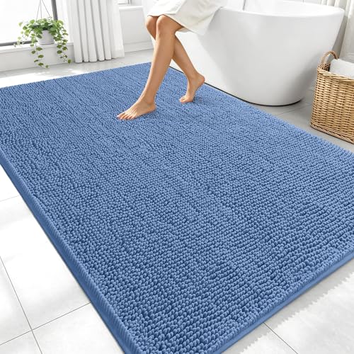 Image of OLANLY Large Bathroom Rugs 70x46, Soft Absorbent Chenille Bath Rugs, Rubber Backing Quick Dry, Machine Washable Bath Mats for Bathroom Floor, Tub and Shower, Home Decor Accessories, Cornflower Blue