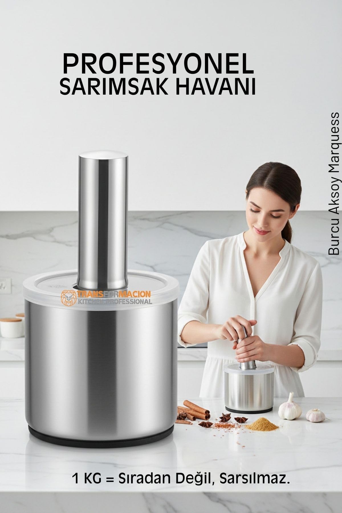 Transformacion Profesyonel Ezici Sarımsak Havanı Seti - Mutfak Tipi Baharat Havanı 304 Paslanmaz Çelik, 722678