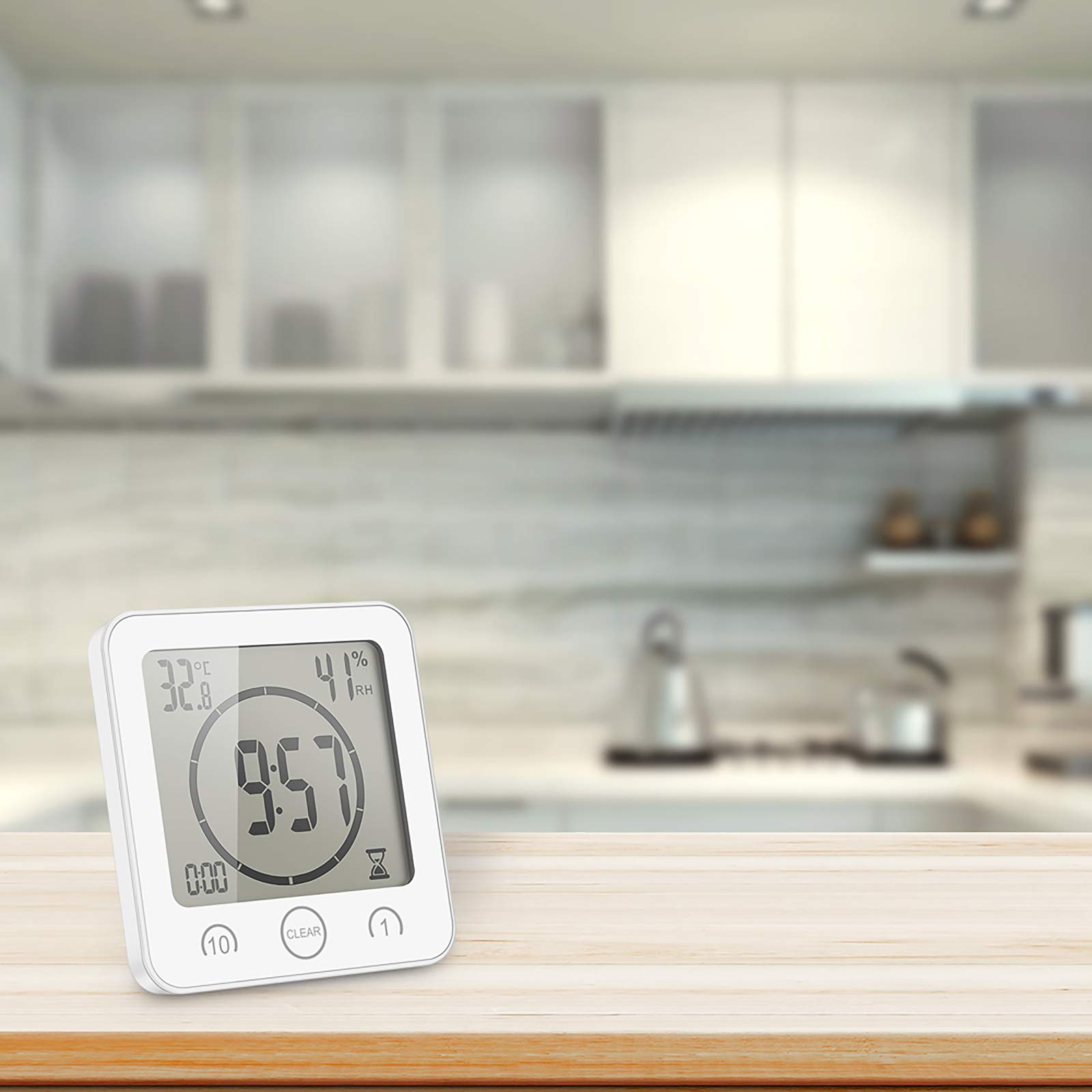 Badkamerklok, digitale douche-timer voor badkamer, keukenwandklok met alarm, draagbare waterdichte touch-timer, binnenthermometer, hygrometer, wit