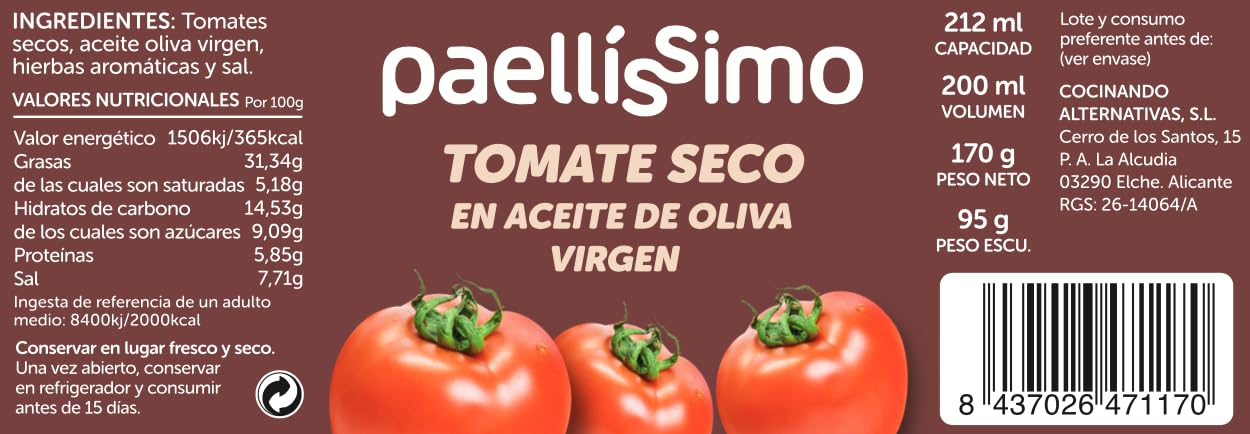 Paellissimo – Tomate Seco en Aceite de Oliva Virgen - 2 Tarros de 170gr.