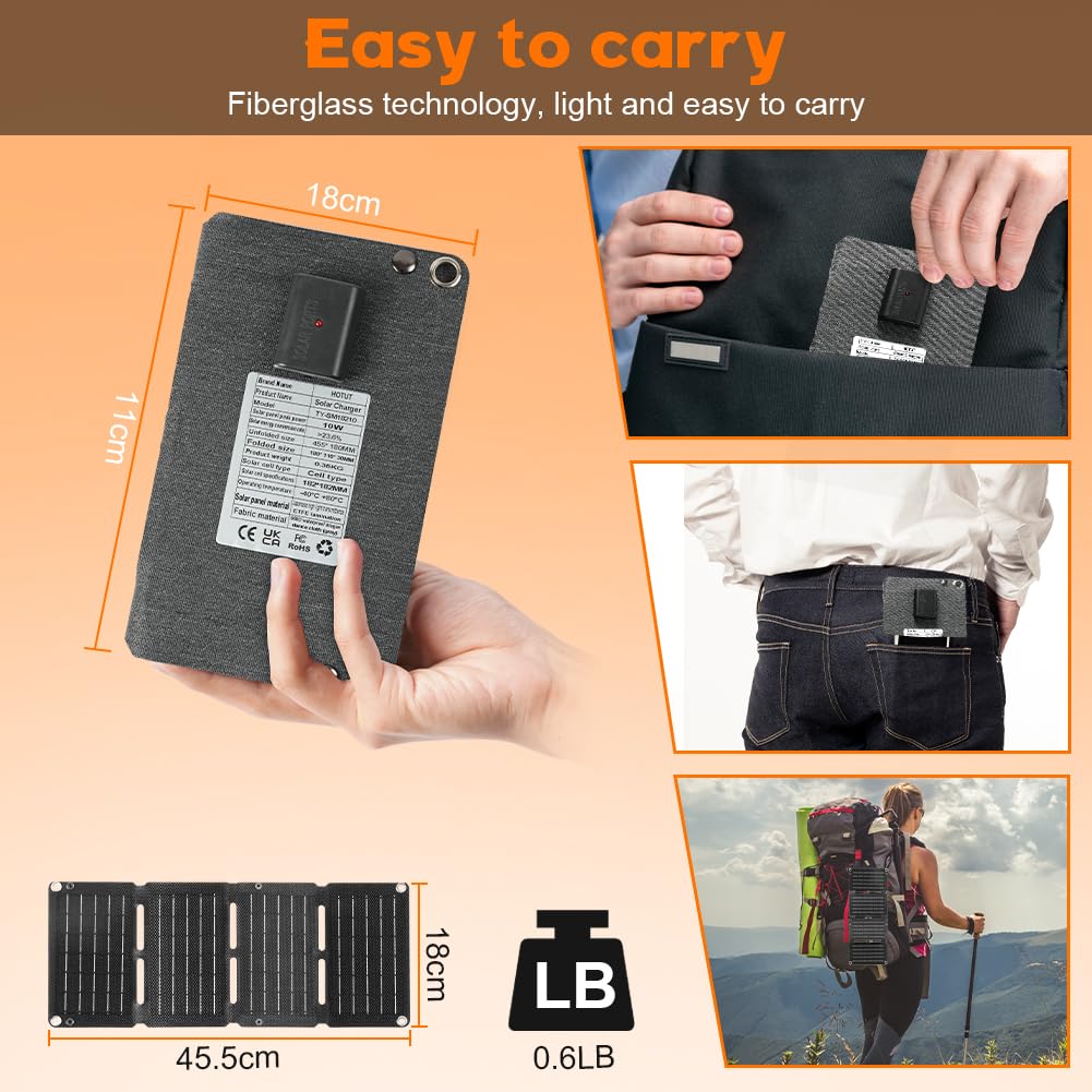 HOTUT Panneau Solaire Pliable, 10W Chargeur Solaire Portable, Port USB (6,6 V/2 A), Format de Poche et étanche Chargeur pour l'extérieur, Compatible avec Les Téléphones, Tablettes, Batterie Externe