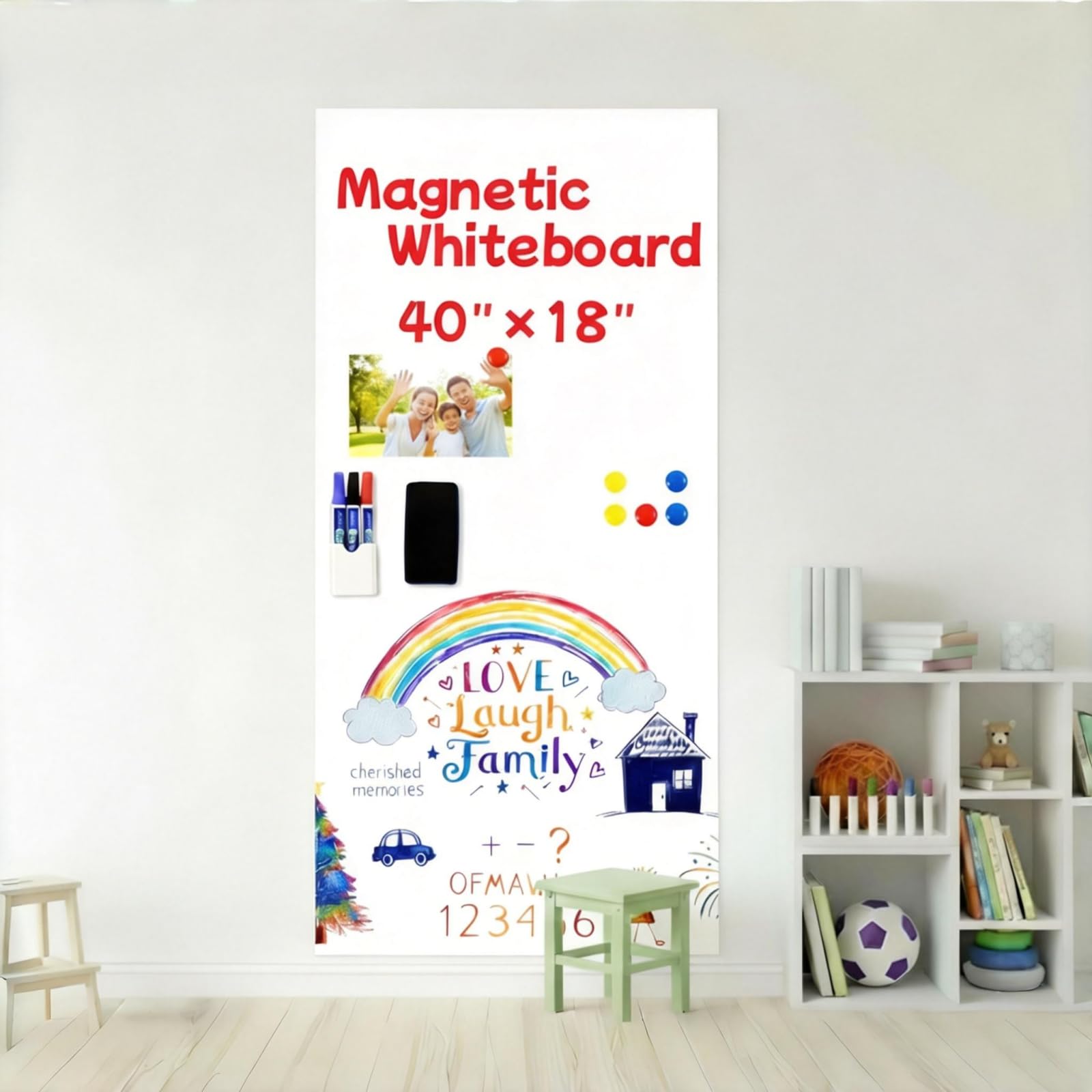 Magnetic Dry Erase Whiteboard 40"x18" - Self-Adhesive Flexible Wall Board Kit with 11 Markers, 6 Magnets, Magnetic Eraser & Holder - Ultra Smooth