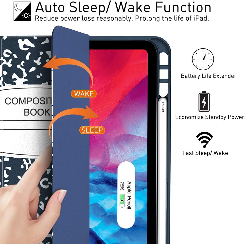 Soke New iPad Pro 12.9 Case 2020/2018 with Pencil Holder [Apple Pencil Charging Supported + Auto Wake/Sleep], Soft TPU Smart Cover for iPad Pro 4th/3rd Generation (Book Navy)