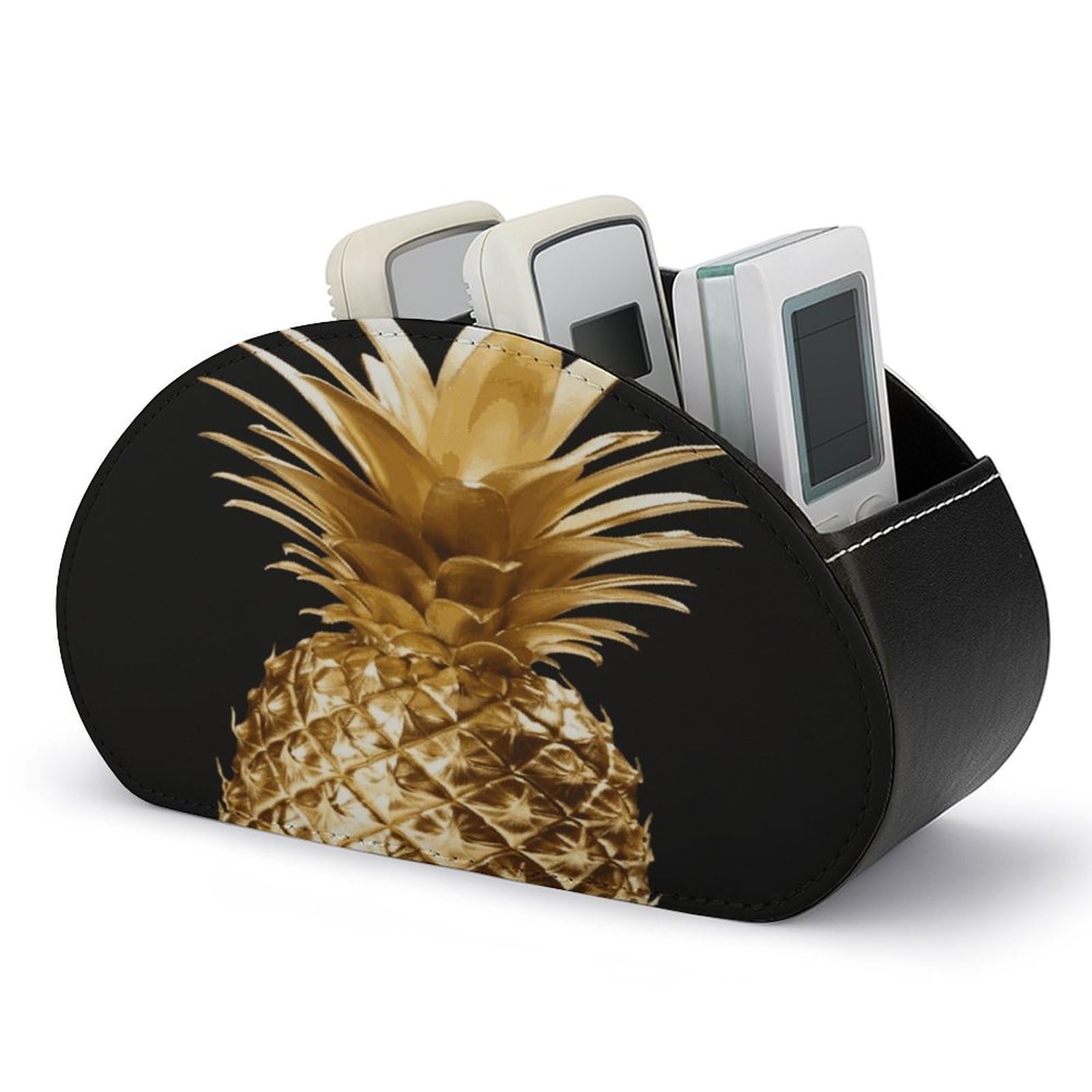 JTREHY Gold Pineapple Remote Control Holder 5 Compartments Remote Caddy Tray PU Leather TV Remoter Storage Box Bedside Table Storage Organizer Office Desk Storage Case