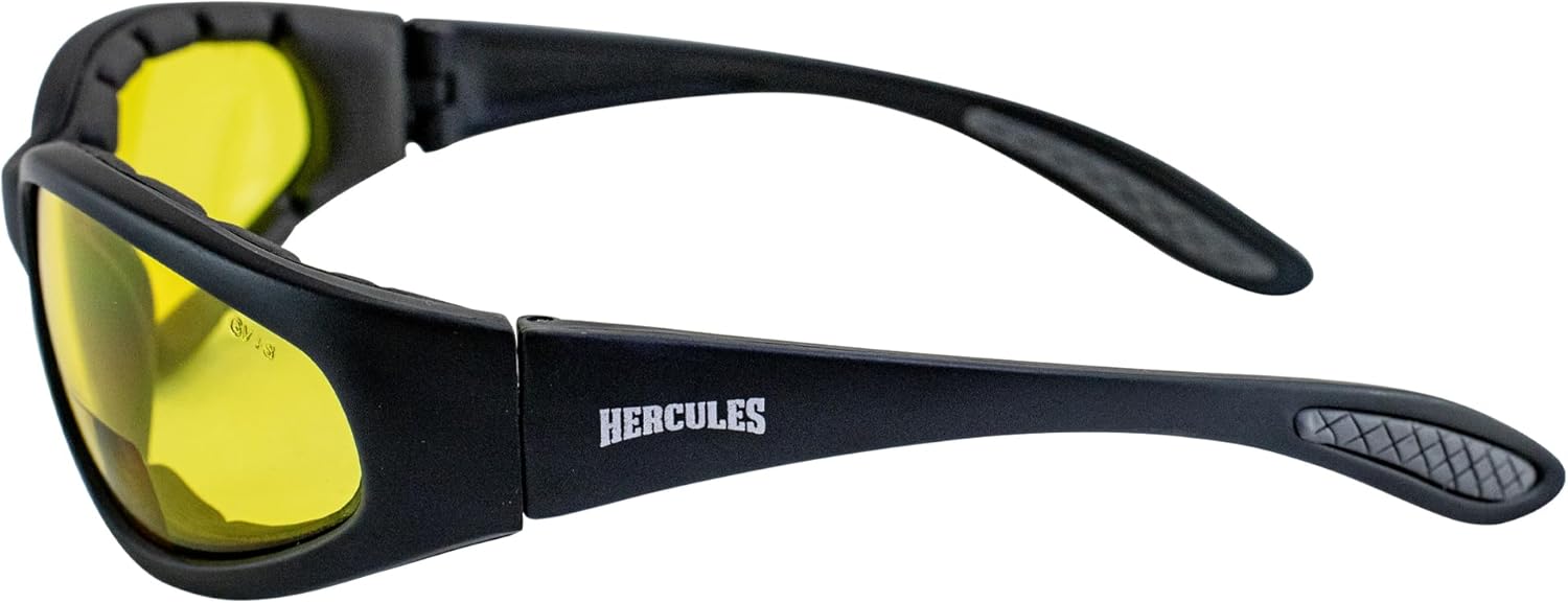Global Vision Hercules Bifocal Motorcycle Safety Glasses Sunglasses 2 Pairs Padded Blk Frames Smoke, Yellow Lenses +2.0 Z87.1