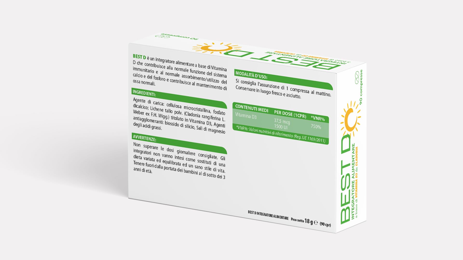BEST D Integratore Alimentare con Vitamina D3 da Cladonia, Senza Glutine, Adatto ai Vegani, 90 Compresse