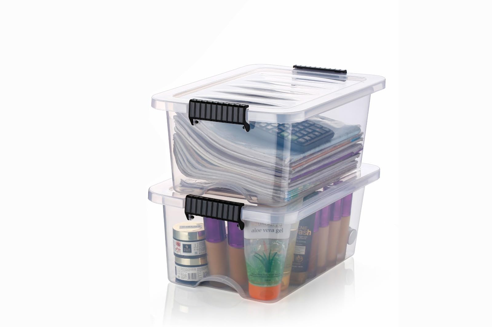 xmart india 10l plastic storage box with lid & handles | stackable transparent storage container wardrobe organizer |storgae organizer basket for wardrobe, bathroom & home storage organiser (2, clear)