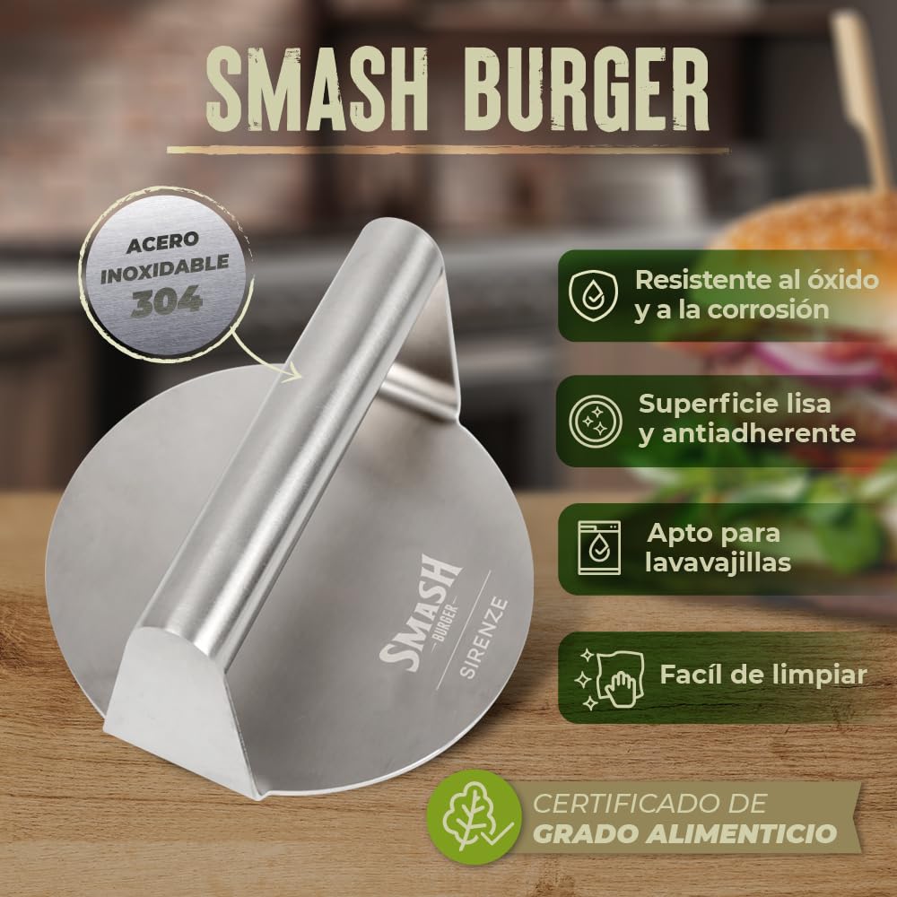Quirility - Smash Burger Kit Professionnel. Acier INOX Avec Certificat Ue Contact Alimentaire Presse Burger Smasher Hamburger Spatule Plancha Cloche Plancha Burger