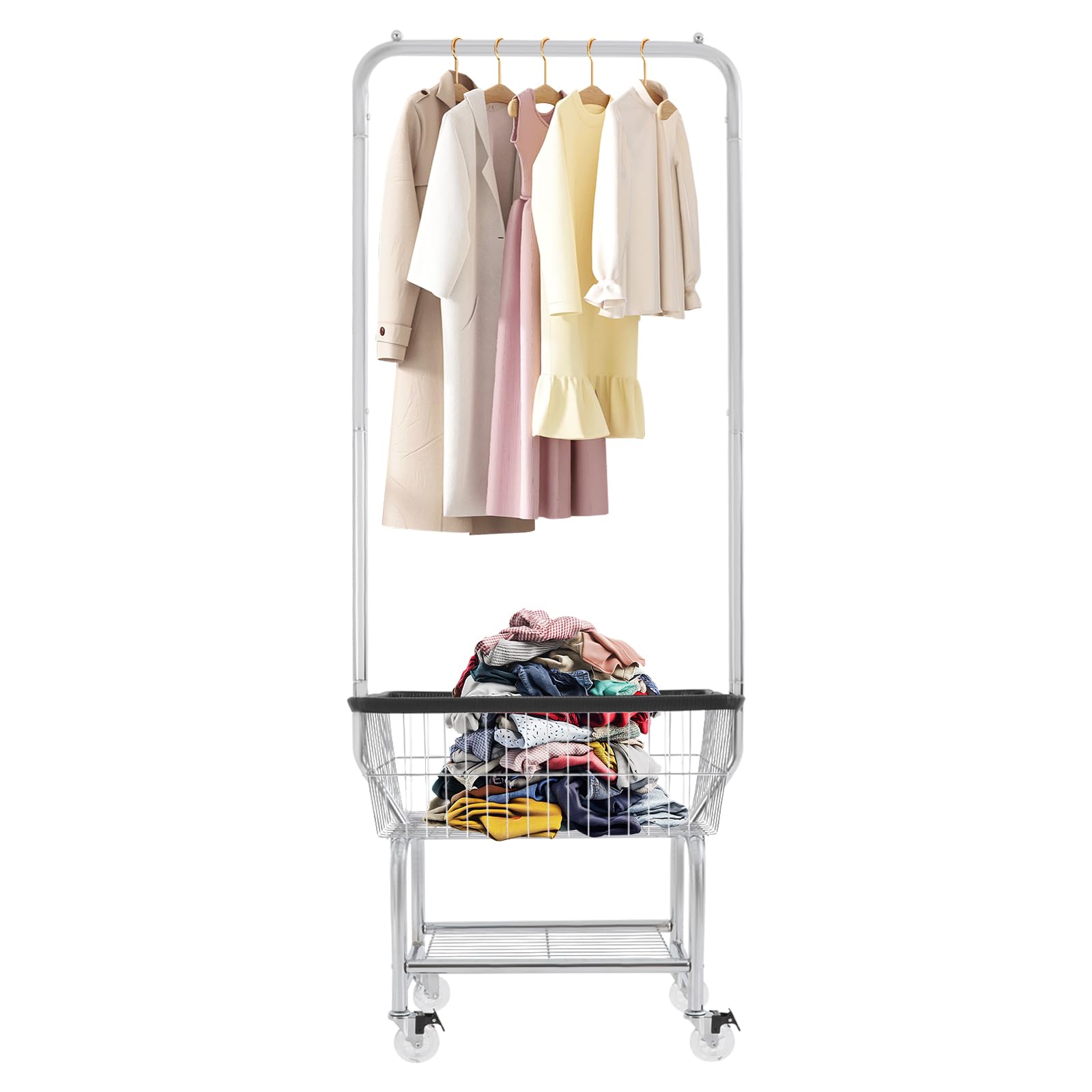 Large Capacity Rolling Laundry Cart with Hanging Rod, Carbon Steel Laundry Organizer with Basket, Shelf & Lockable Wheels, Portable Laundry Hamper for Clothes Storage
