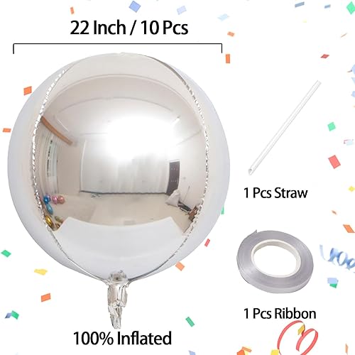 Miniatura 4 de KALOR 10 globos de Mylar plateados de 22 pulgadas, globo grande de aluminio redondo gigante 4D, globos metálicos de espejo grande para fiesta de