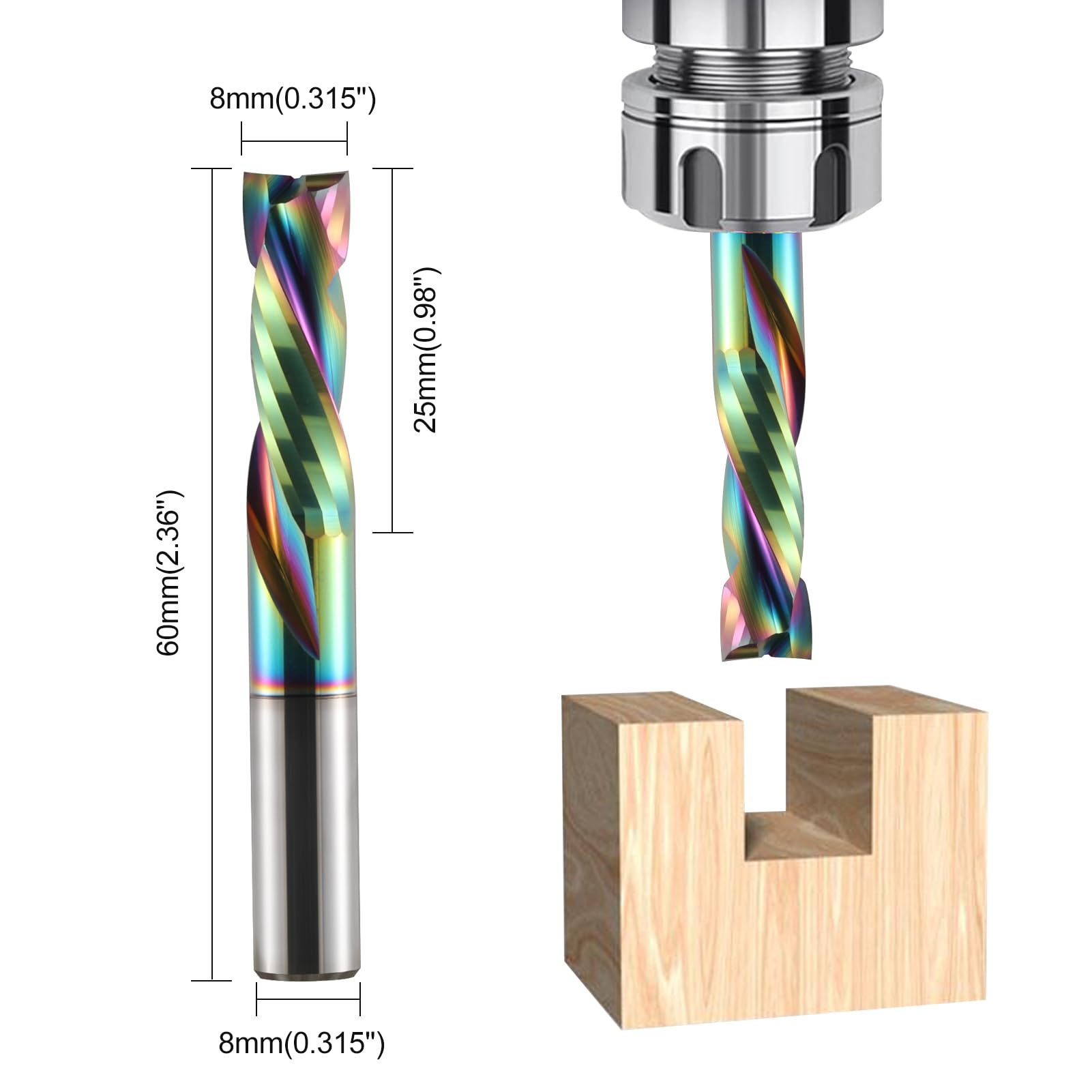 Fresa CNC a 2 flauti a compressione, fusto 8 mm, fresa elicoidale VHM con rivestimento DLC, diametro di taglio 8 mm, lunghezza di taglio 25 mm, fresa in metallo duro, 2 pezzi